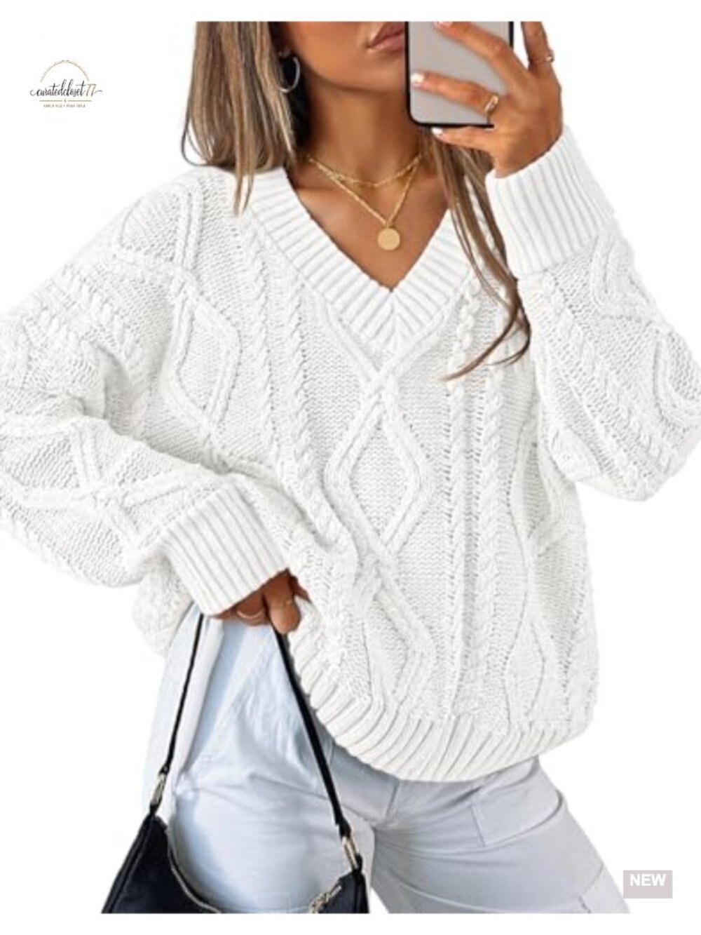 Cable Knit Oversized V-Neck Pullover Sweater Long Sleeve Chunky Knit